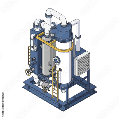 Industrial Processing Unit with Pipes and Tanks.