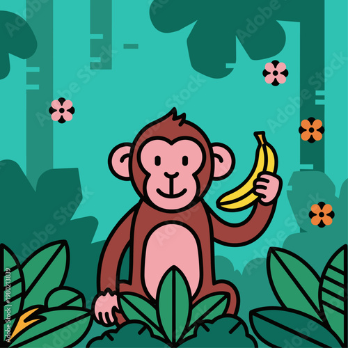 Monkey Holding Yellow Banana Fruit.