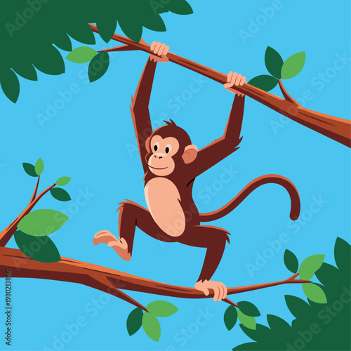 Monkey hanging from tree branch freely.