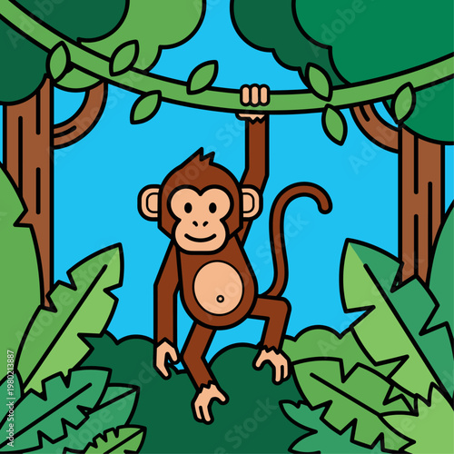 Brown monkey hanging from branch.