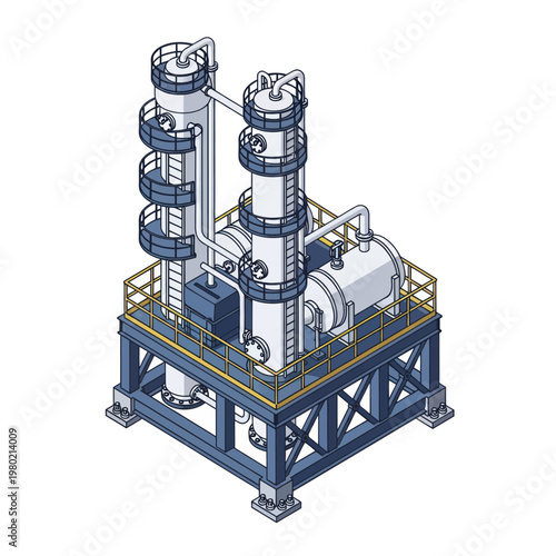 Industrial refinery plant with complex piping and distillation columns.