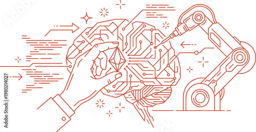 Technology vector illustrations of artificial intelligence. Business concepts of deep learning and human collaboration. Elements for web design and UI in thin line art style.