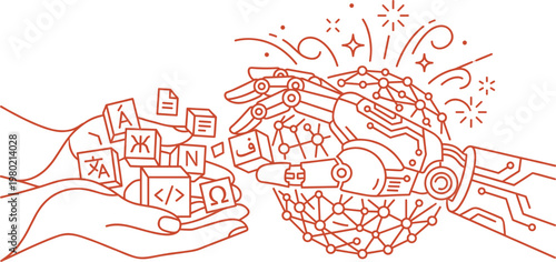 Technology vector illustrations of natural language processing. Concepts of artificial intelligence and global communication. Elements for web design and UI in monoline style.