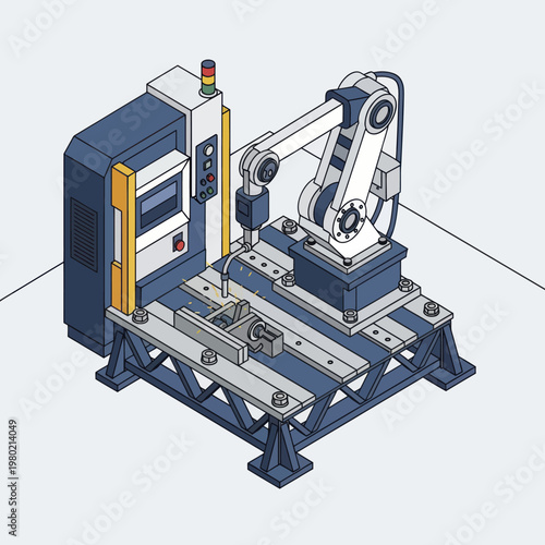 Industrial Robotic Arm and CNC Machine Working Together in Manufacturing Process.