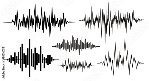 Collection of abstract sound wave graphics in black gray variations for design and illustration.