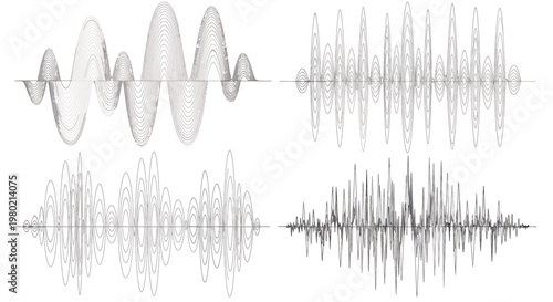 Abstract audio waveforms displayed as multiple synchronized oscillations for design and analysis.
