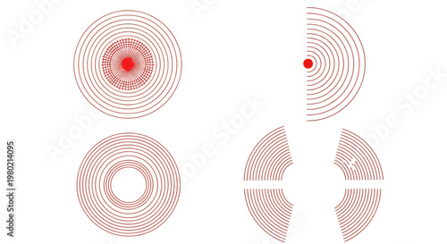 Abstract circular target graphics with concentric rings and red center in four variants.