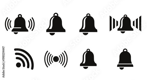 Collection of notification bells icons displaying signals and alerts in vector style.