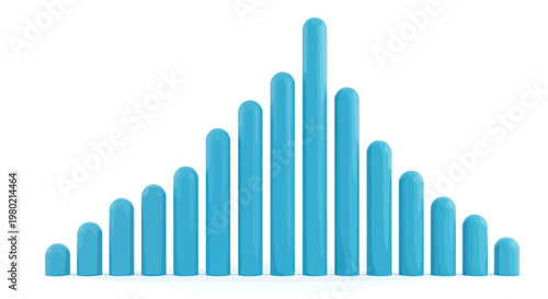 Abstract blue bar chart visualization forming a rising histogram with multi size bars.