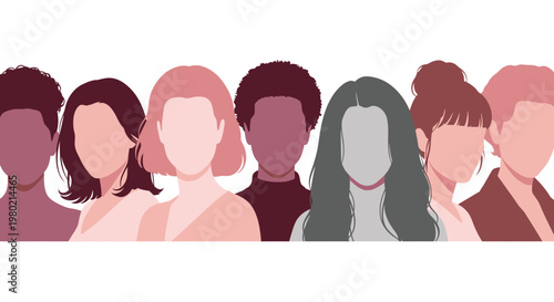 A diverse collection of stylized female silhouettes in varying shades of pink and purple