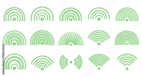 Set of green concentric arc icons forming wireless and signal patterns for graphic design.