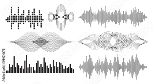 Complex abstract audio waveform and bar visualization design suitable for digital sound depiction.