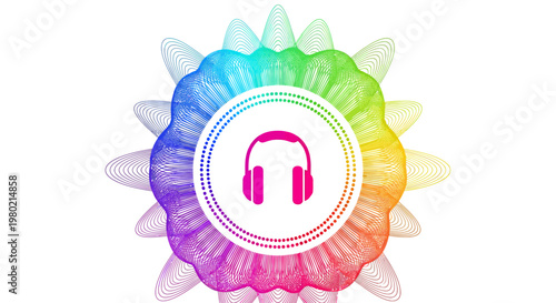 Colorful circular badge featuring headphones icon for music and audio concept in modern graphic design.