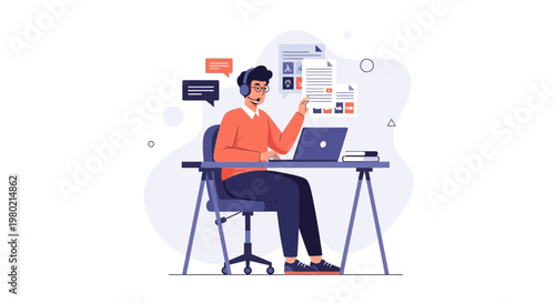 Customer Service Agent Working Remotely with Laptop and Headset