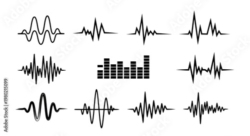 Set of abstract sound wave icons illustrating varied waveforms and audio visualization.