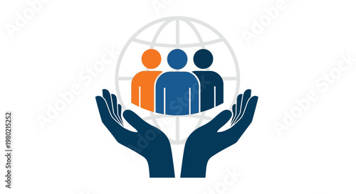 A graphic depicts hands cradling a globe with silhouettes of people inside symbolizing global care