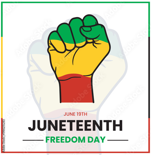 a raised clenched fist punching upward for juneteeth poster, symbolizing the fight against discrimination