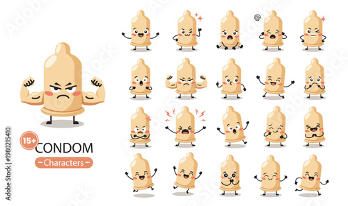 cartoon condom character set with various expressions, contraceptive mascot in various poses