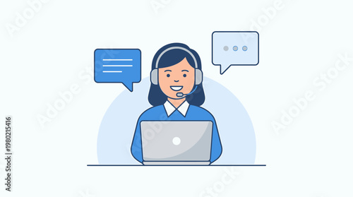 Customer service representative wearing a headset and smiling, ready to assist with a laptop in front of them, communication icons above their head