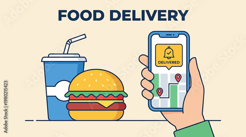 Concept of food delivery service with a smartphone showing a delivered order, a hamburger, and a drink