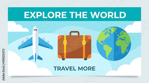 Engaging vector graphic for global adventure and travel planning, featuring a jet, suitcase, and earth, ideal for digital display and online promotion