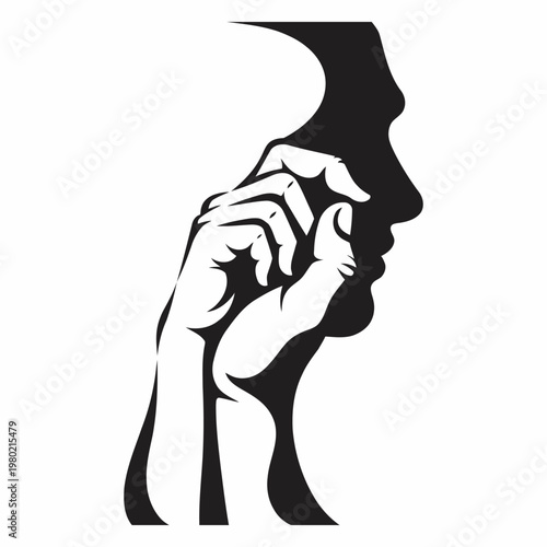 A hand touching a face silhouette