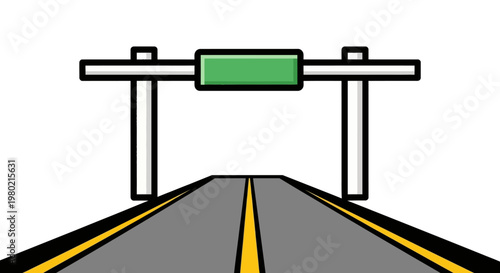 Illustration of a highway toll booth with a green sign and asphalt road leading to it
