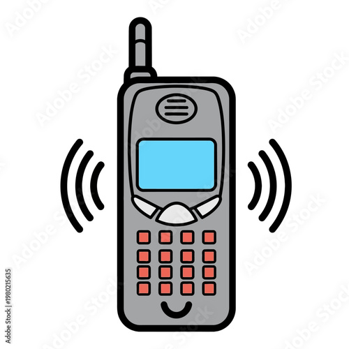 Retro mobile phone ringing with sound waves, vintage communication technology illustration
