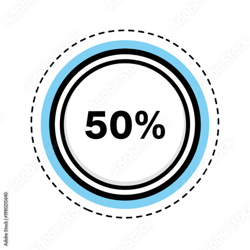 Percentage Icon of Fifty Percent in a Circle with Outline and Dashed Border