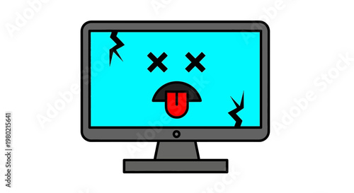 Cartoonish illustration of a cracked computer monitor with a deceased face, expressing a system crash or technical failure