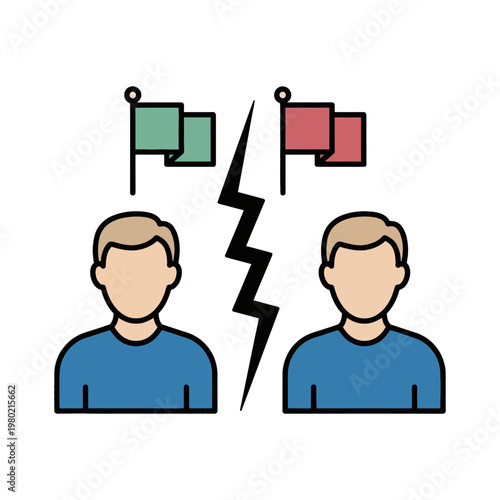 Conceptual illustration of two individuals engaged in a disagreement, symbolized by opposing flags and a crack in between them