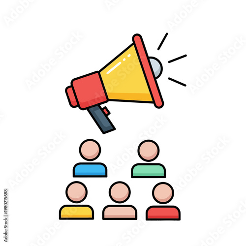 Megaphone broadcasting a message to a group of attentive listeners, symbolizing announcement, communication, and public speaking events
