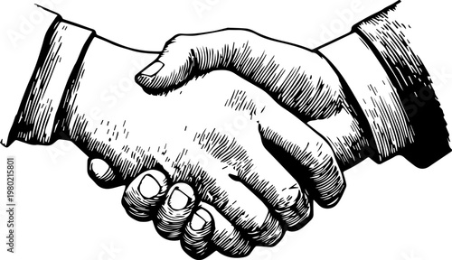 Hand Drawn Handshake Black and White Illustration in Minimal Line Art Style Design