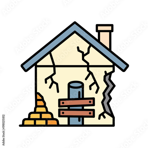 Vector illustration of a severely damaged and dilapidated house with visible cracks, crumbling bricks, and boarded-up windows, representing neglect and structural failure
