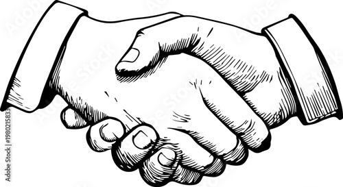 Hand Drawn Handshake Black and White Illustration in Minimal Line Art Style Design