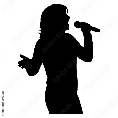 Silhouette of a person singing into a microphone with arms outstretched.