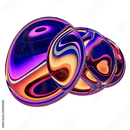 Schilderij op canvas 3D Illustration of Chronological Floating Glass Pods with Radiant Psychedelic Re