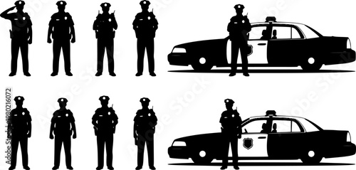 Professional Police Officers in Uniform Standing by Patrol Car on City Street, Public Safety and Law Enforcement Concept - Vector Stock 