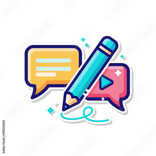 Stylized icon representing creative content writing, digital communication, and online media sharing with a pencil, speech bubbles, and a play button symbol