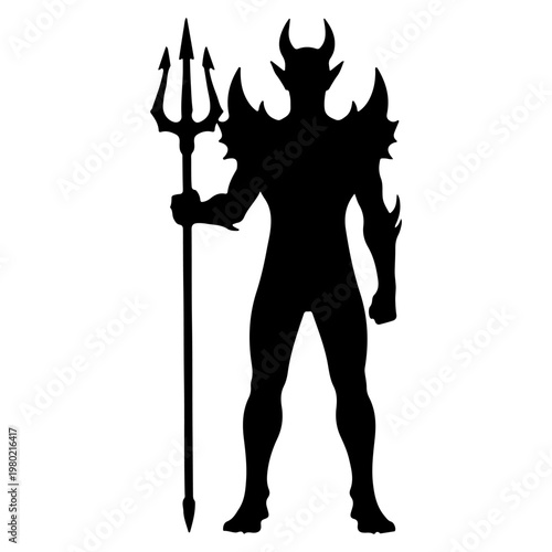 Silhouette of a devil with horns and trident.