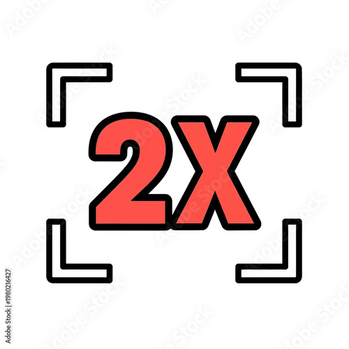 Bold red 2X icon within a graphic focus frame, symbolizing double magnification, enhanced performance, increased efficiency, and business growth potential for various digital designs