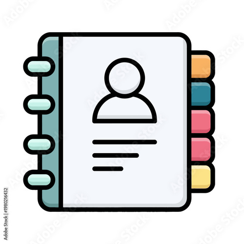 Modern vector illustration of a spiral-bound contact book, featuring colorful index tabs and a person profile symbol, representing organized personal connections and data management