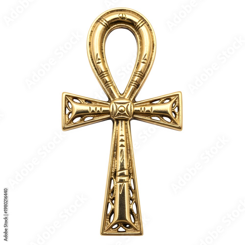 Gleaming golden Ankh cross icon. Ancient Egyptian symbol of eternal life. for spiritual, mystic, or historical designs, isolated on white or transparent background. PNG format.