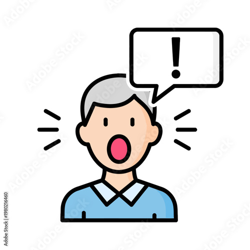 Astonished man with exclamation mark in speech bubble conveying surprise and shock
