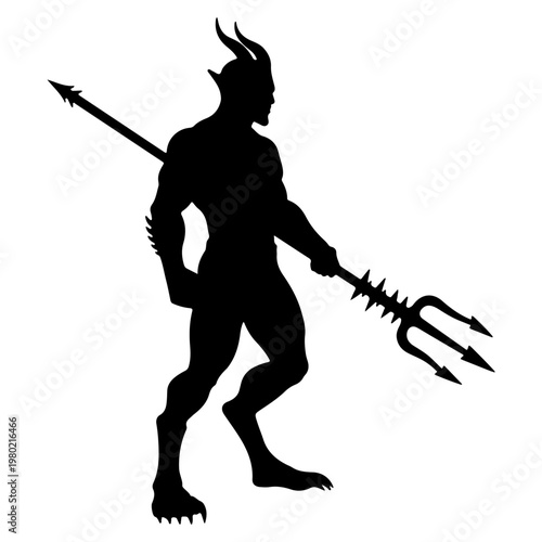 Silhouette of a horned demon holding a trident.