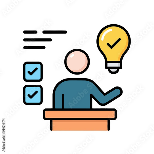 Conceptual outline illustration depicting a presenter sharing a brilliant idea, highlighting successful project execution, insightful communication, and the realization of innovative concepts
