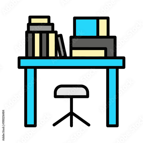 Colorful icon illustration of a study desk with books and a chair, ideal for representing learning, education, and productive work environments in a modern style