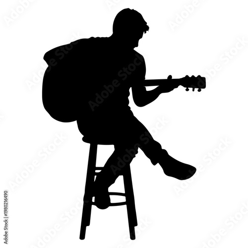 Silhouette of a Musician Playing Guitar on a Stool.
