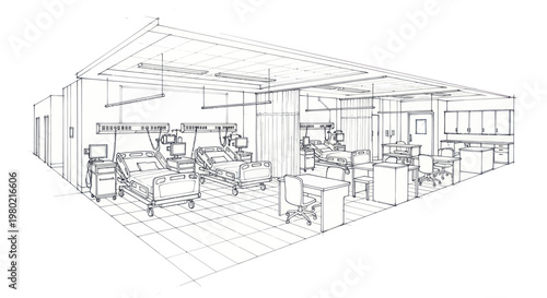 Detailed architectural sketch of a modern hospital ward with multiple beds and medical equipment.
