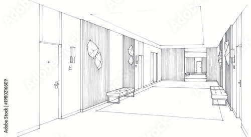 Detailed architectural sketch of a modern hotel corridor with benches and wall decor.